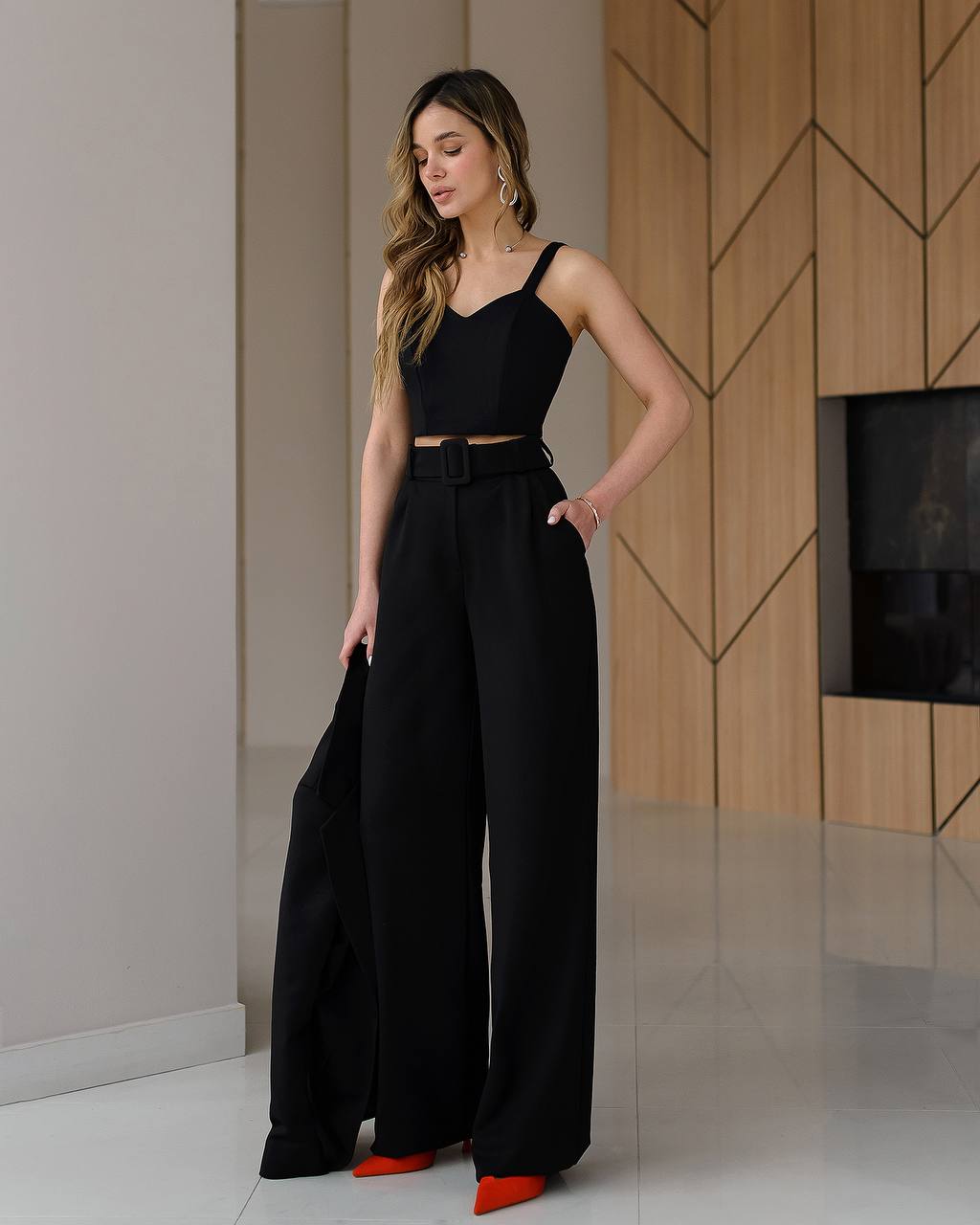 Black suit with wide pants and belt included