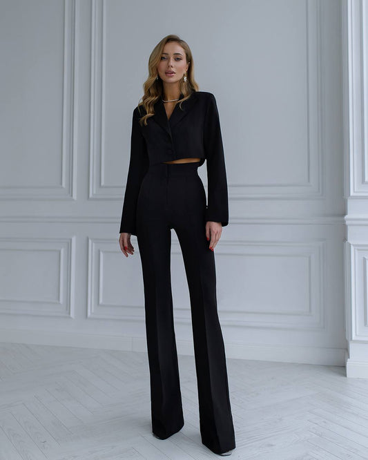 Black suit with a crop jacket and flared pants