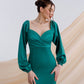 Emerald satin midi dress with voluminous sleeves