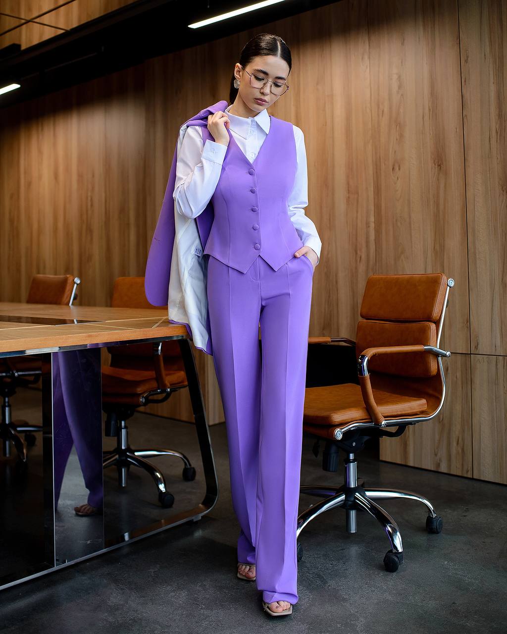 Purple three-piece suit with vest and straight pants