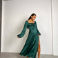 Emerald satin maxi dress with slit