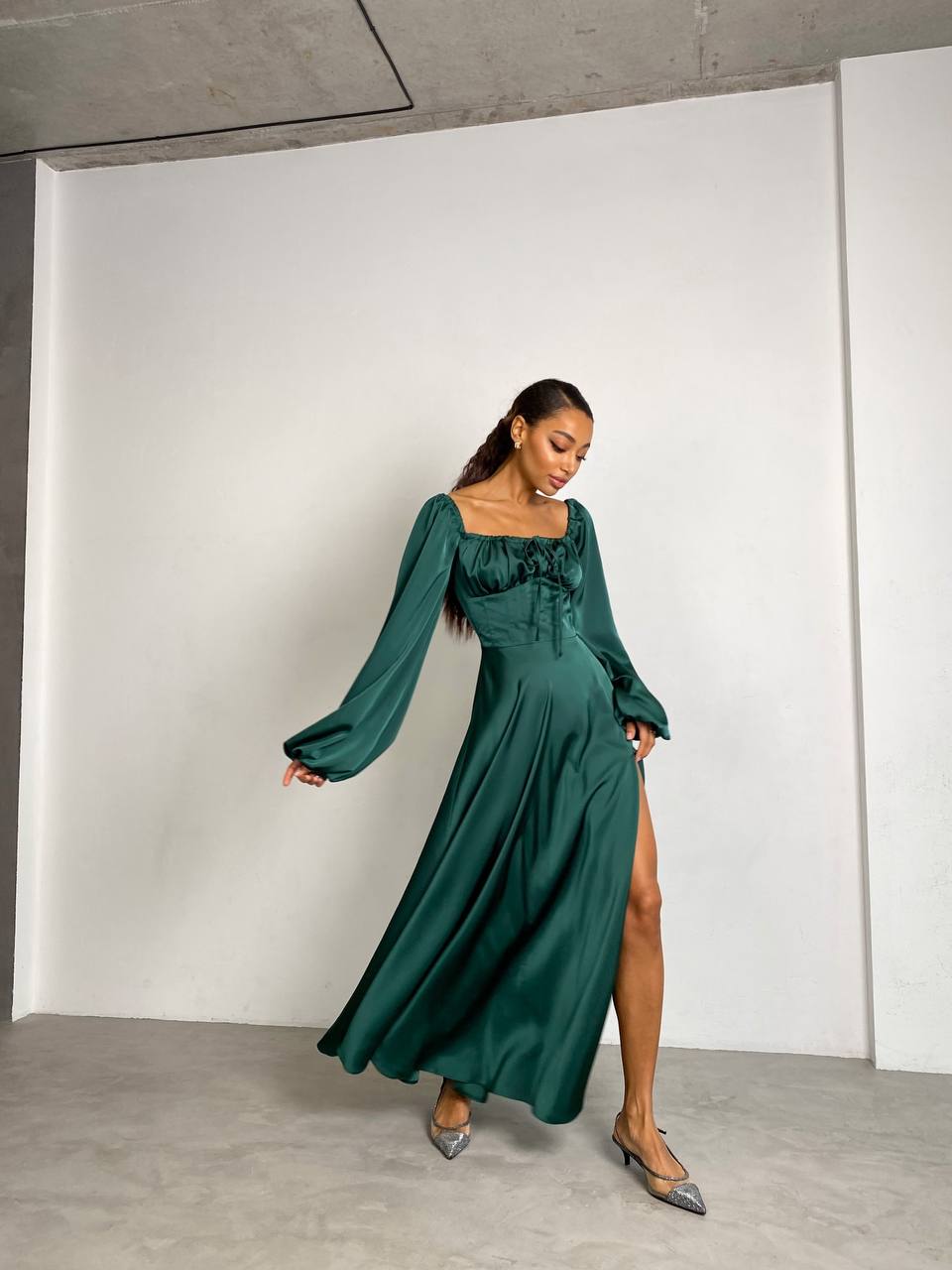 Emerald satin maxi dress with slit