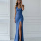 Blue dress-combination maxi with a cut 