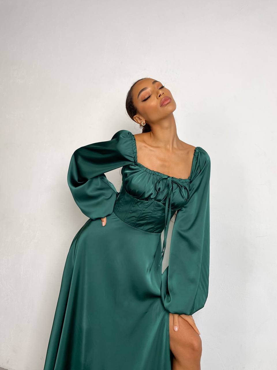 Emerald satin maxi dress with slit