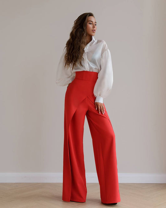 Red palazzo pants with a corset belt