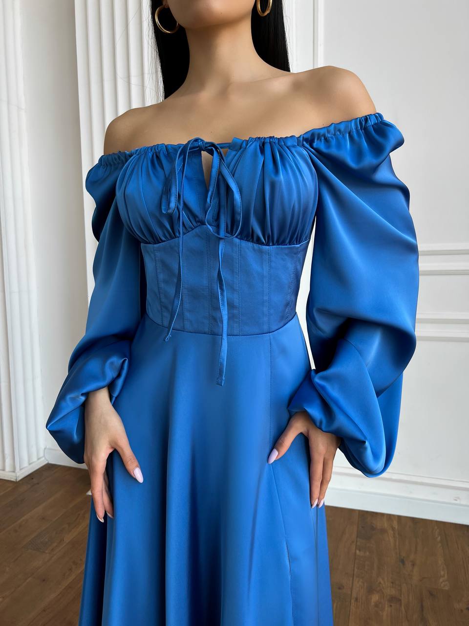 Blue satin maxi dress with slit