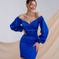 Blue satin dress with voluminous sleeves