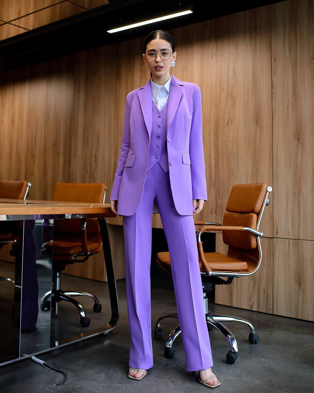 Purple three-piece suit with vest and straight pants