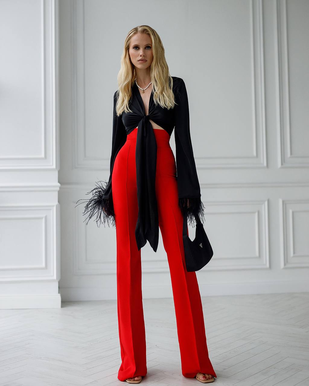 Red flared pants with a super high fit