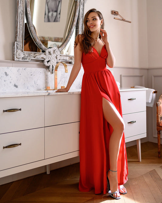 Red maxi sundress with slits