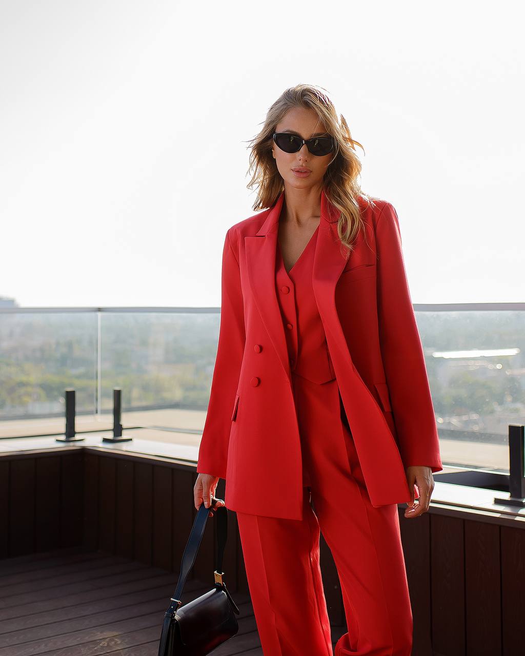 Red three-piece suit with vest