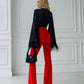 Red flared pants with a super high fit