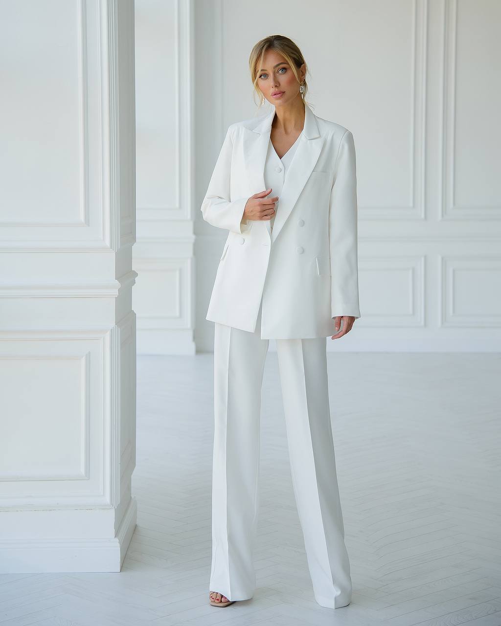 Three-piece milk suit with vest