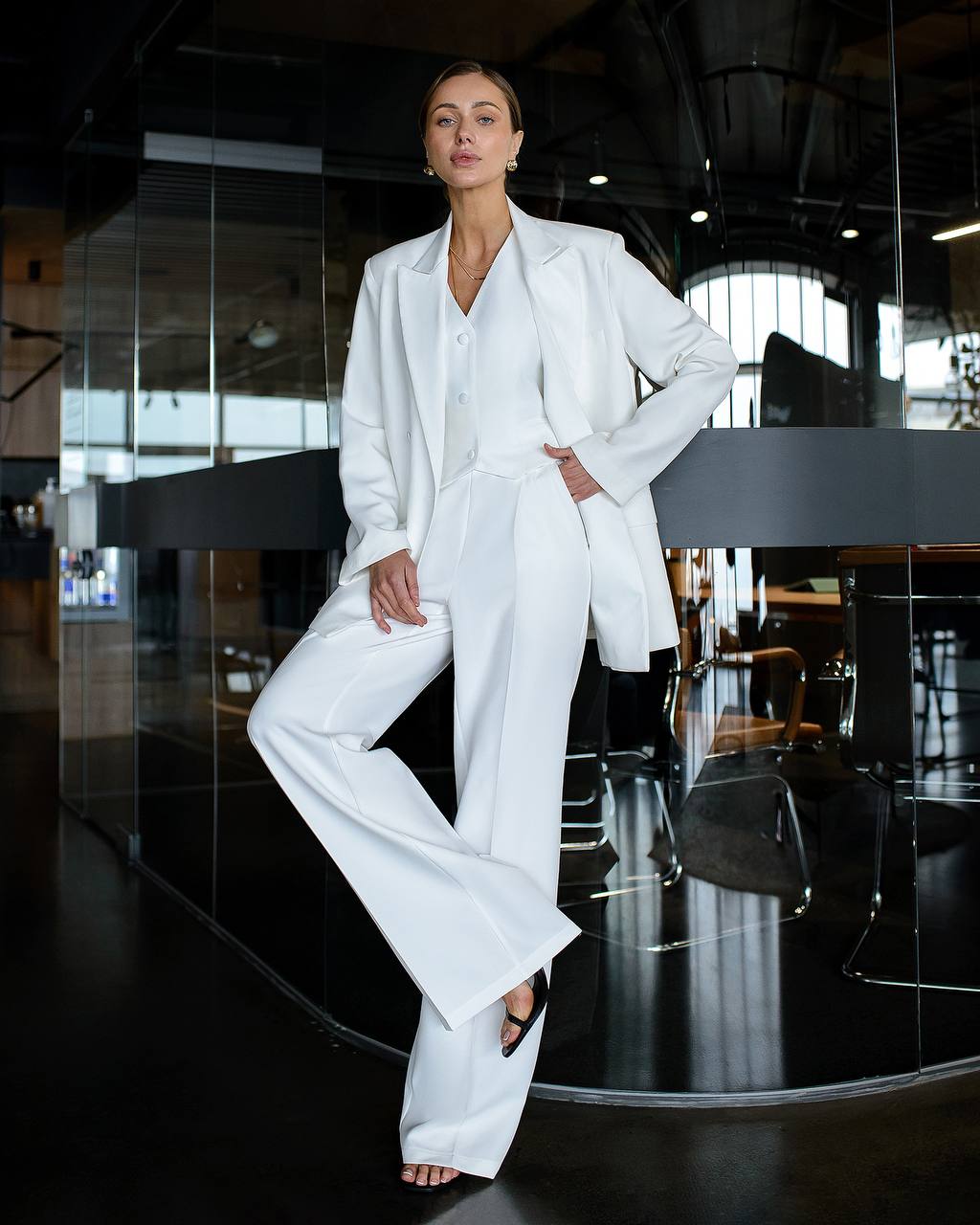 Three-piece milk suit with vest