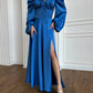 Blue satin maxi dress with slit