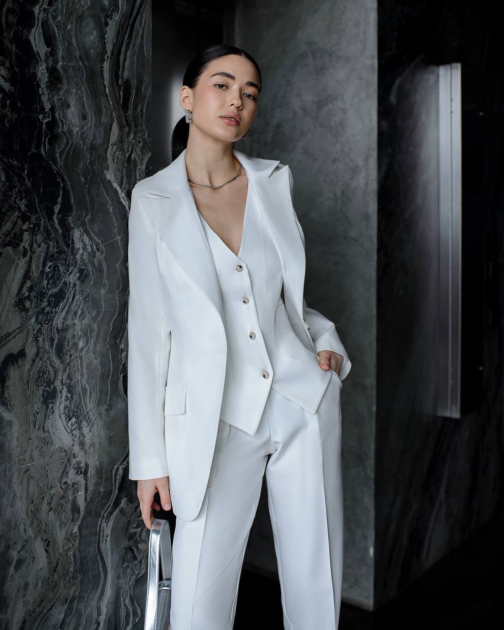 Three-piece milk suit with vest