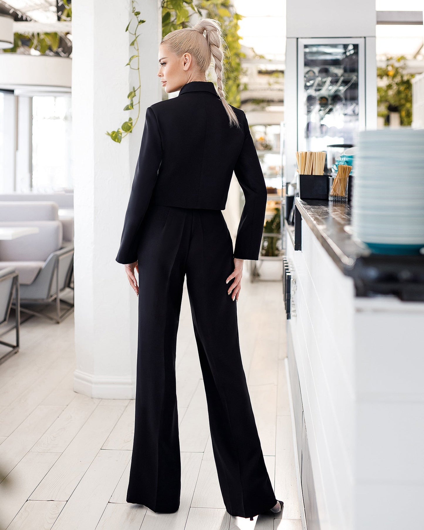 Black suit crop jacket and pants with slits