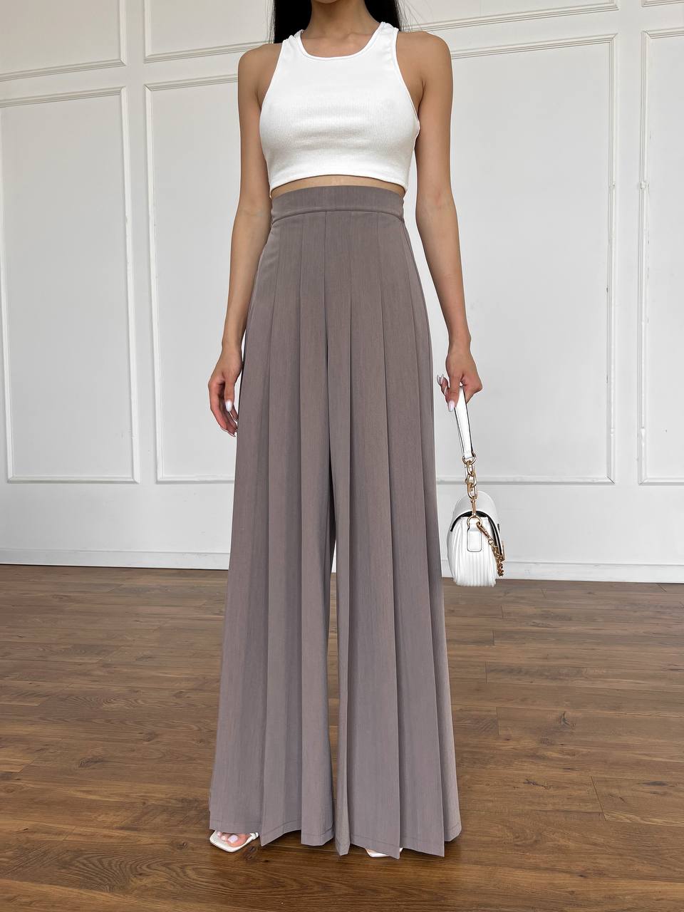 Palazzo pants with mocha melange pleating