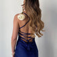 Blue dress-combination with an open back