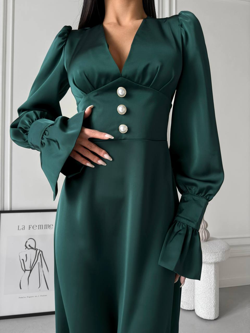 Emerald satin midi dress with buttons