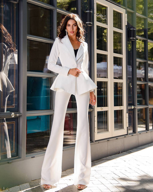 Milk suit with a peplum jacket and flared pants