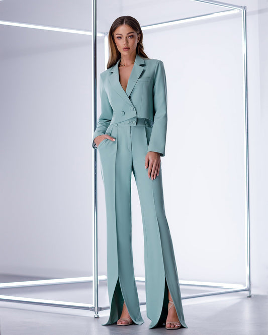 Olive suit crop jacket and pants with slits