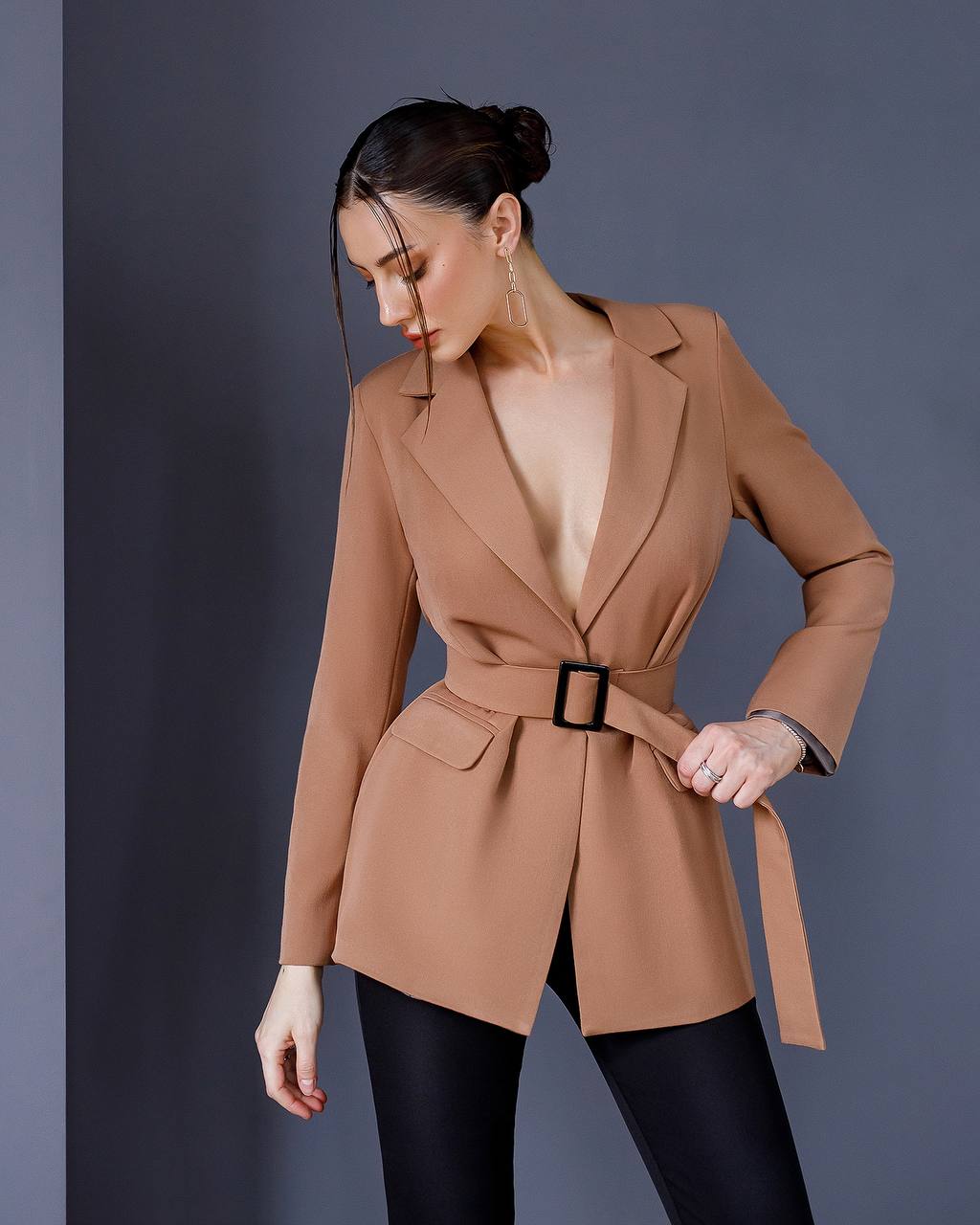 Caramel jacket with a belt