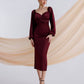 Burgundy satin dress with voluminous sleeves