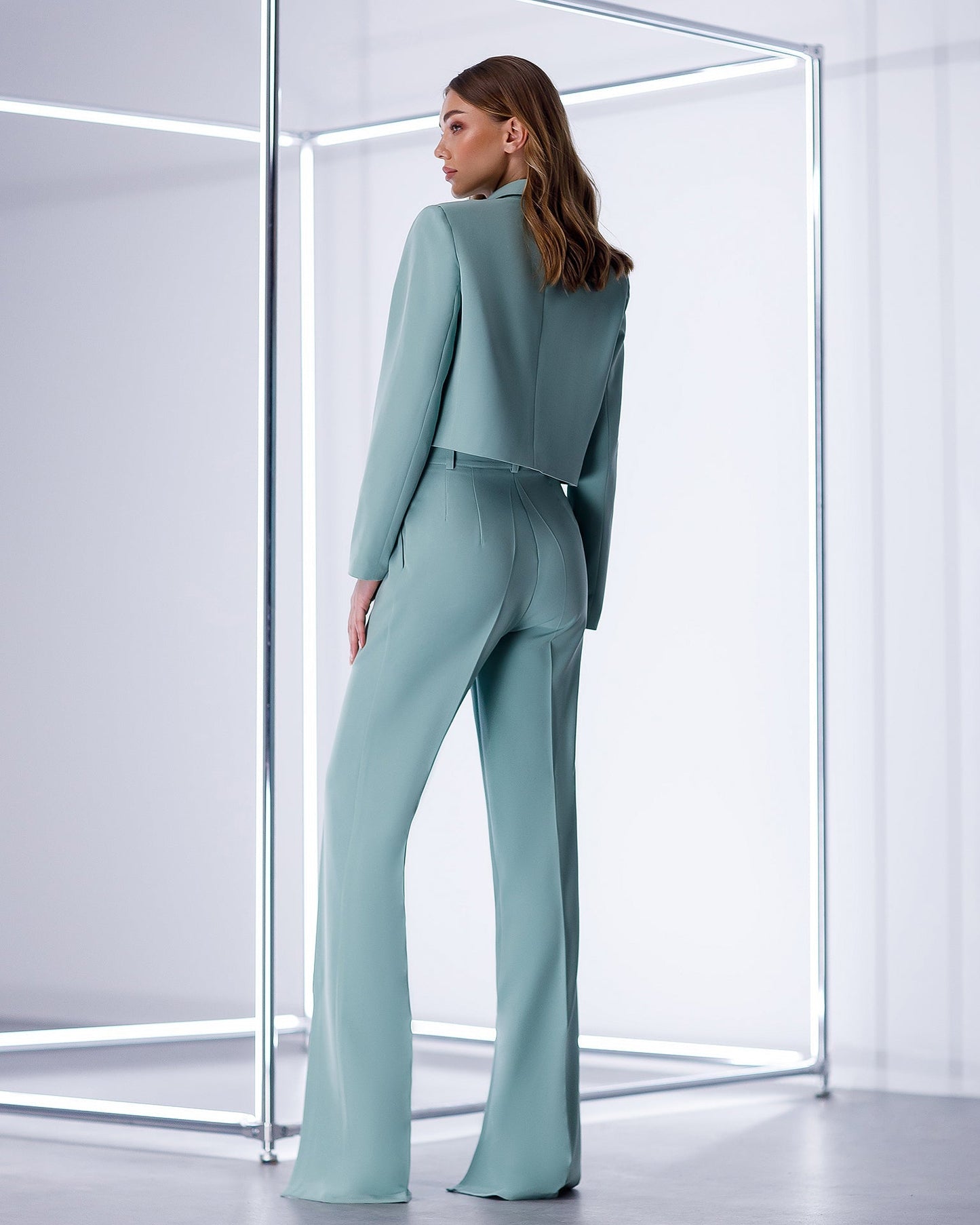 Olive suit crop jacket and pants with slits