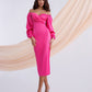 Raspberry satin dress with voluminous sleeves