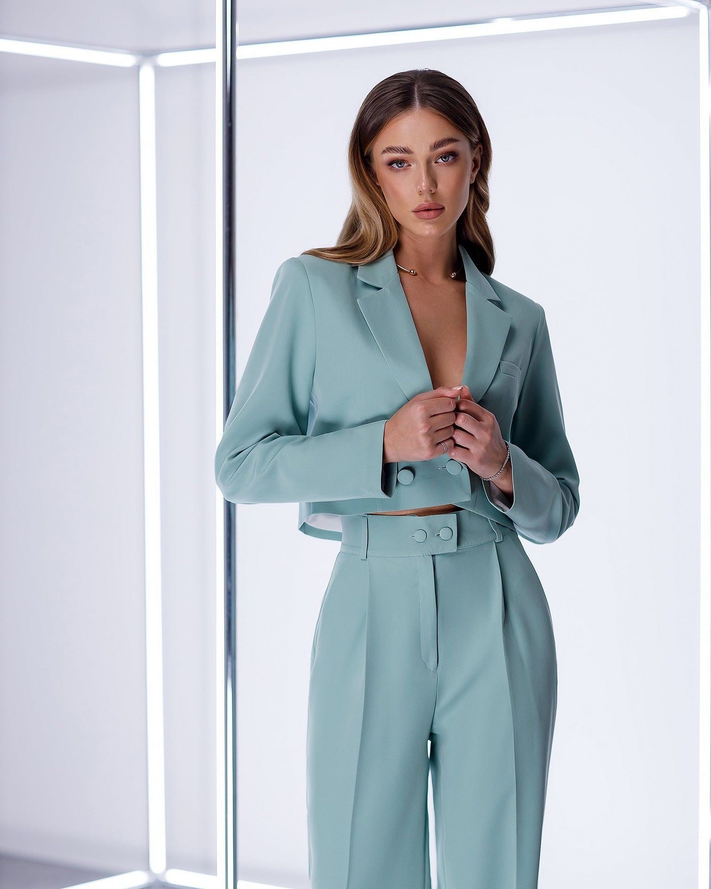 Olive suit crop jacket and pants with slits