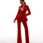 A red suit with a peplum jacket and flared pants