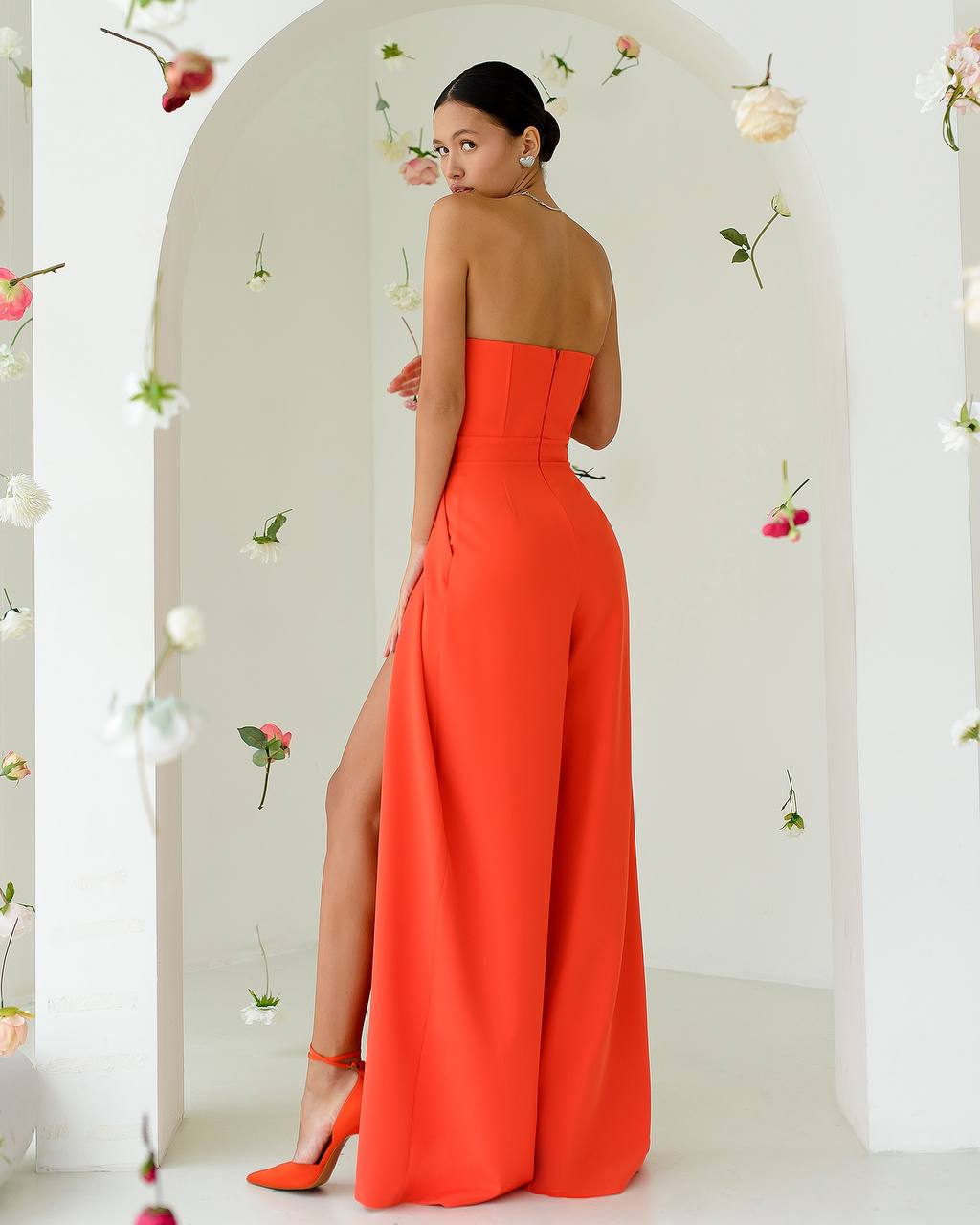 Coral corset jumpsuit with slits