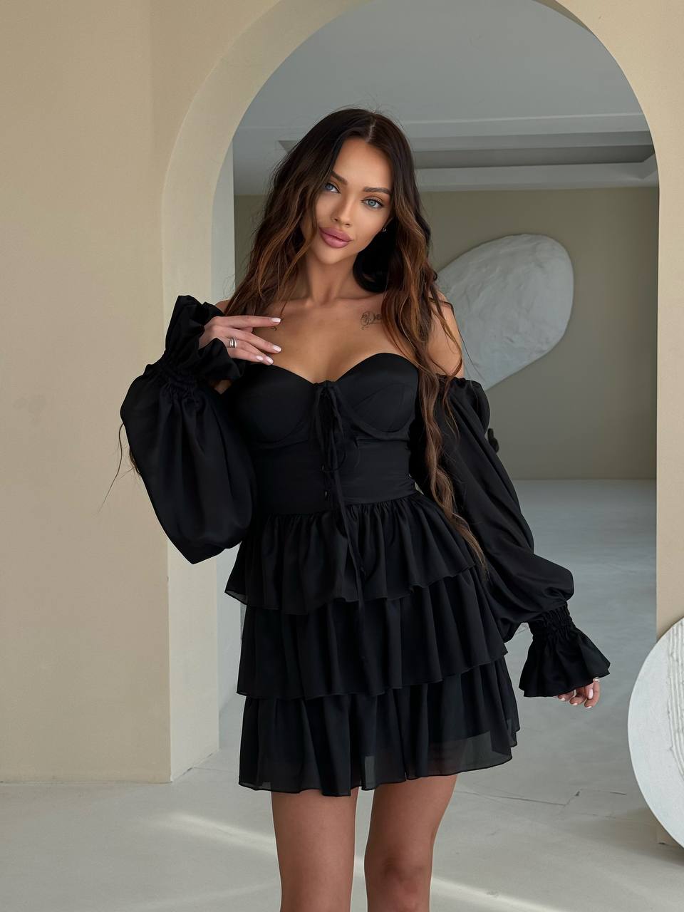 Black chiffon bustier dress