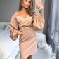 Beige midi dress with voluminous sleeves