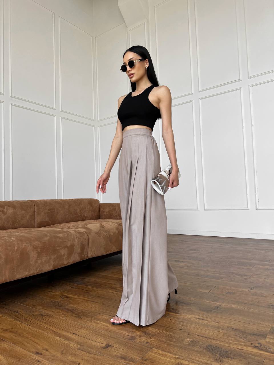 Palazzo pants with powder melange pleating