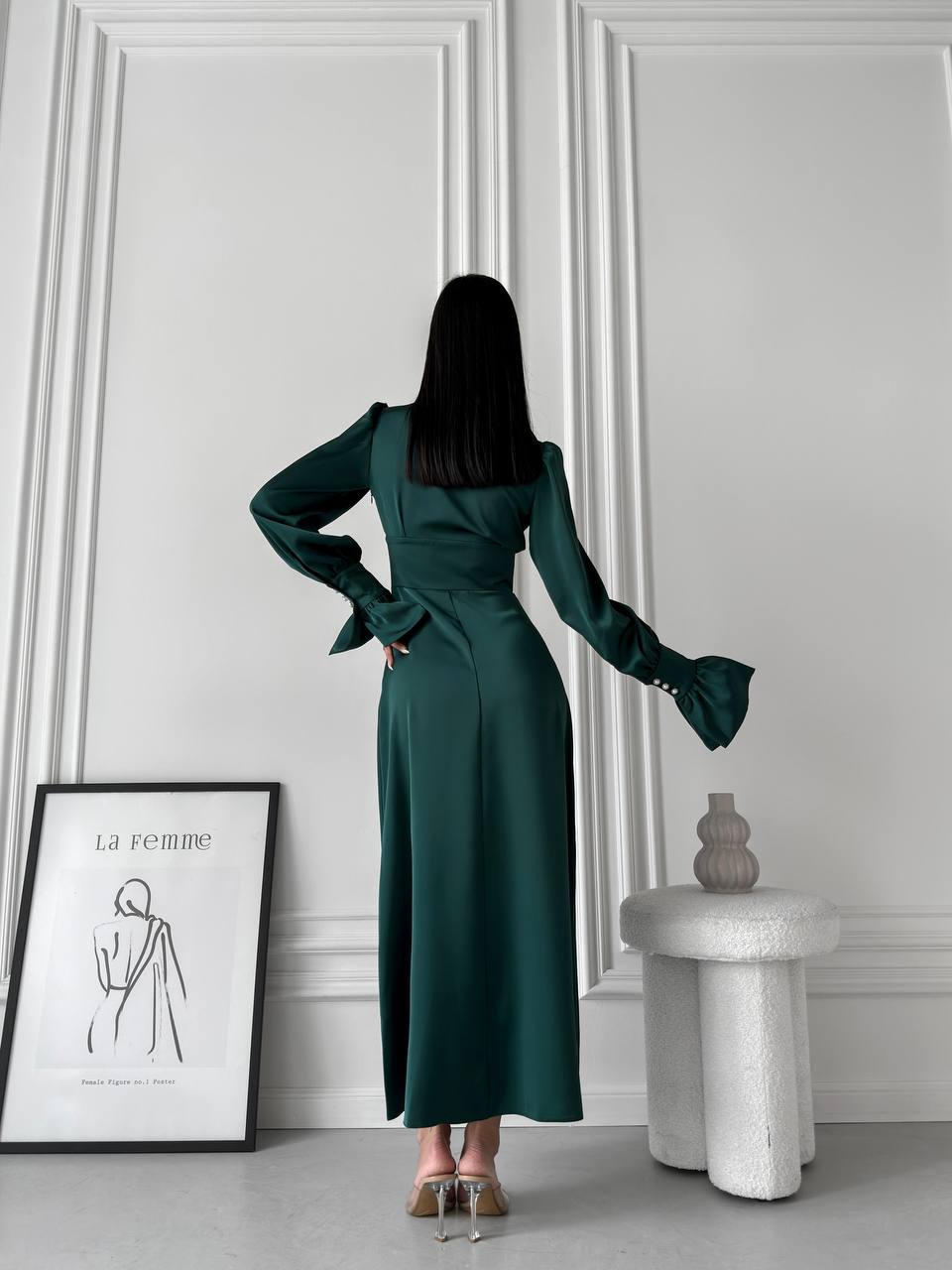 Emerald satin midi dress with buttons