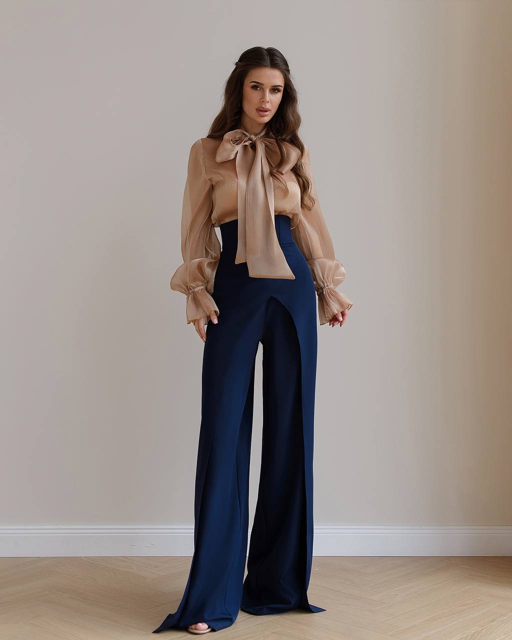 Dark blue palazzo pants with a corset belt