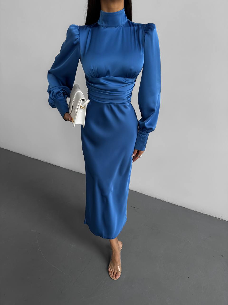 Blue midi dress with bow and open back