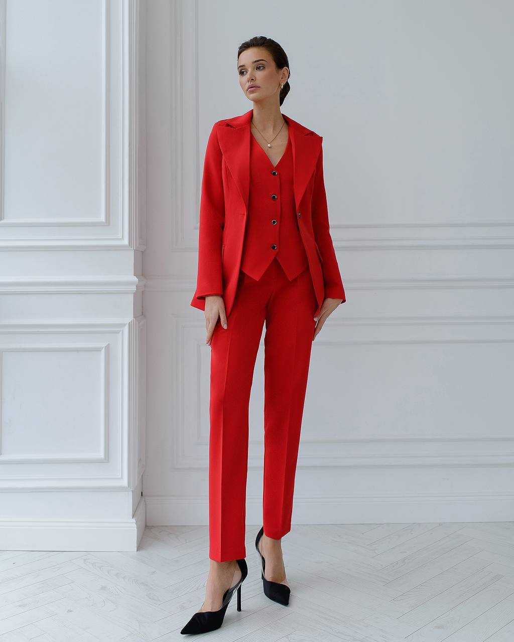 Red three-piece suit with vest