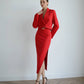 Red suit crop jacket and skirt with slit