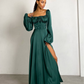 Emerald satin maxi dress with slit