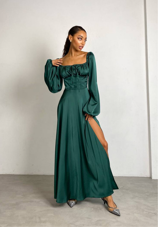 Emerald satin maxi dress with slit