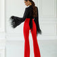 Red flared pants with a super high fit