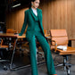 Green three-piece suit with waistcoat and straight trousers