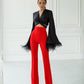 Red flared pants with a super high fit