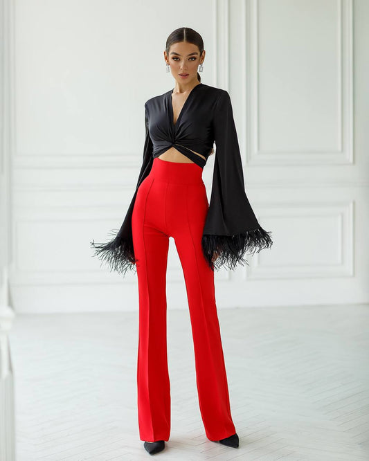 Red flared pants with a super high fit