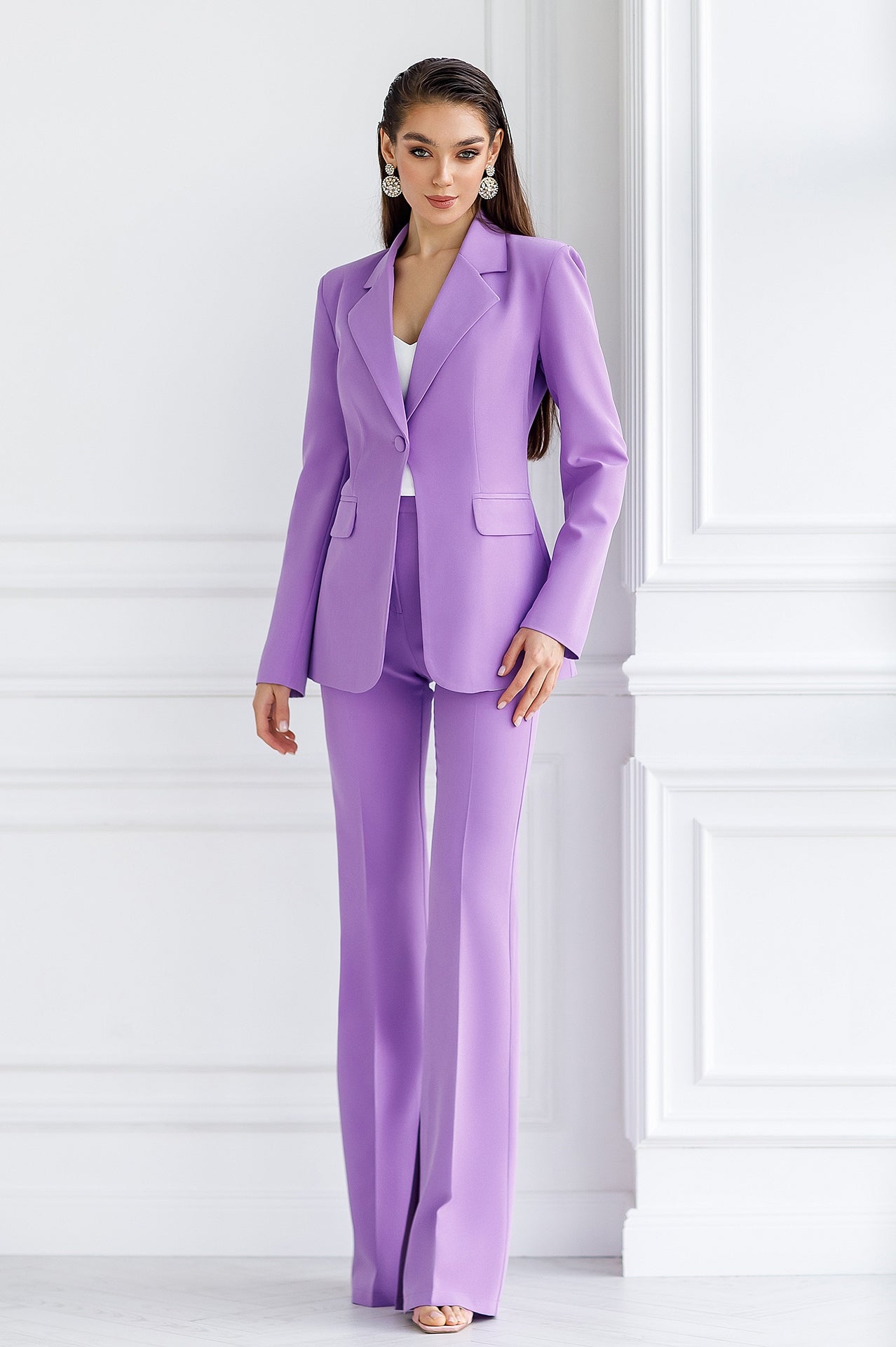 Purple suit jacket and flared pants with slits