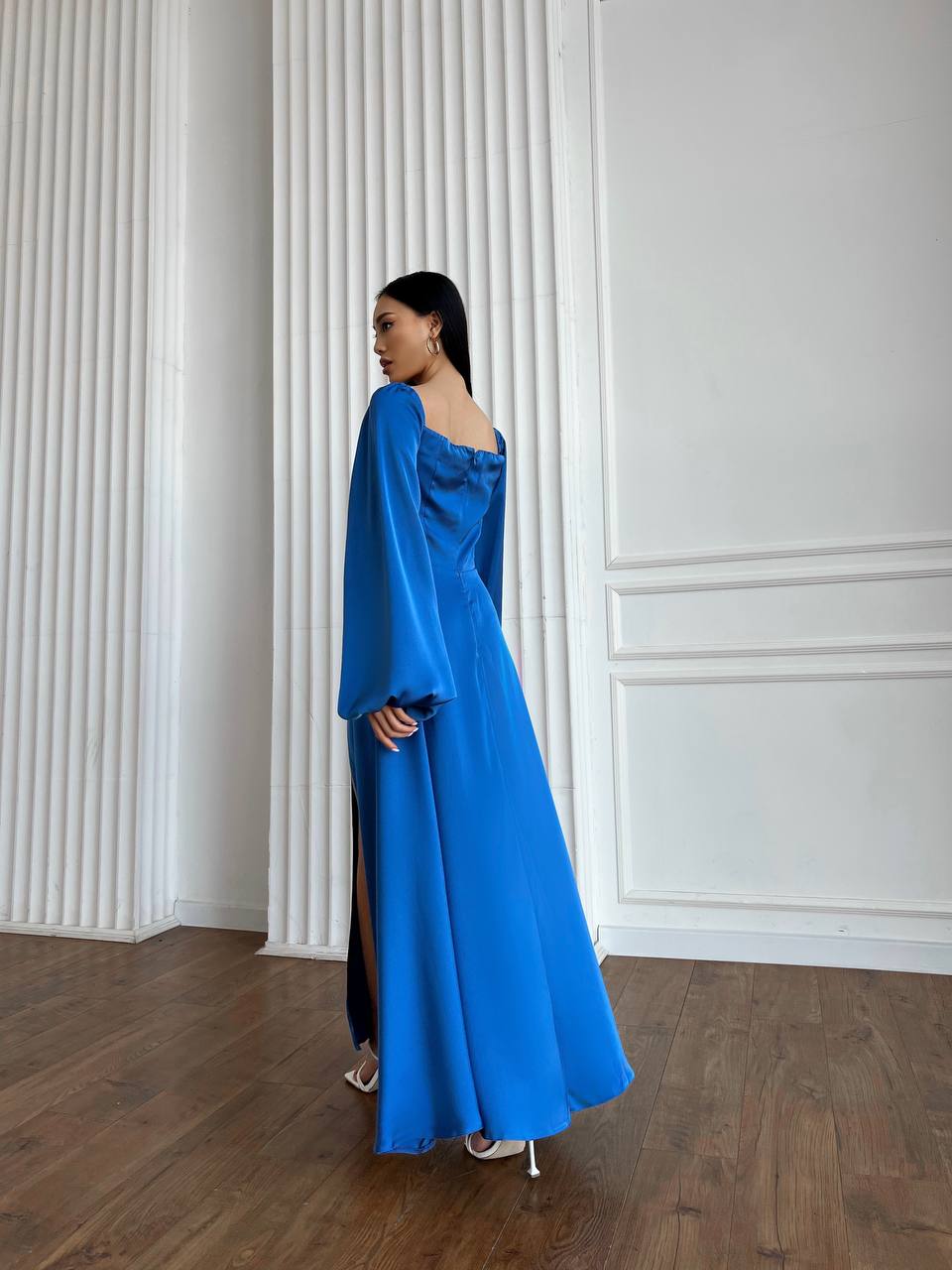 Blue satin maxi dress with slit