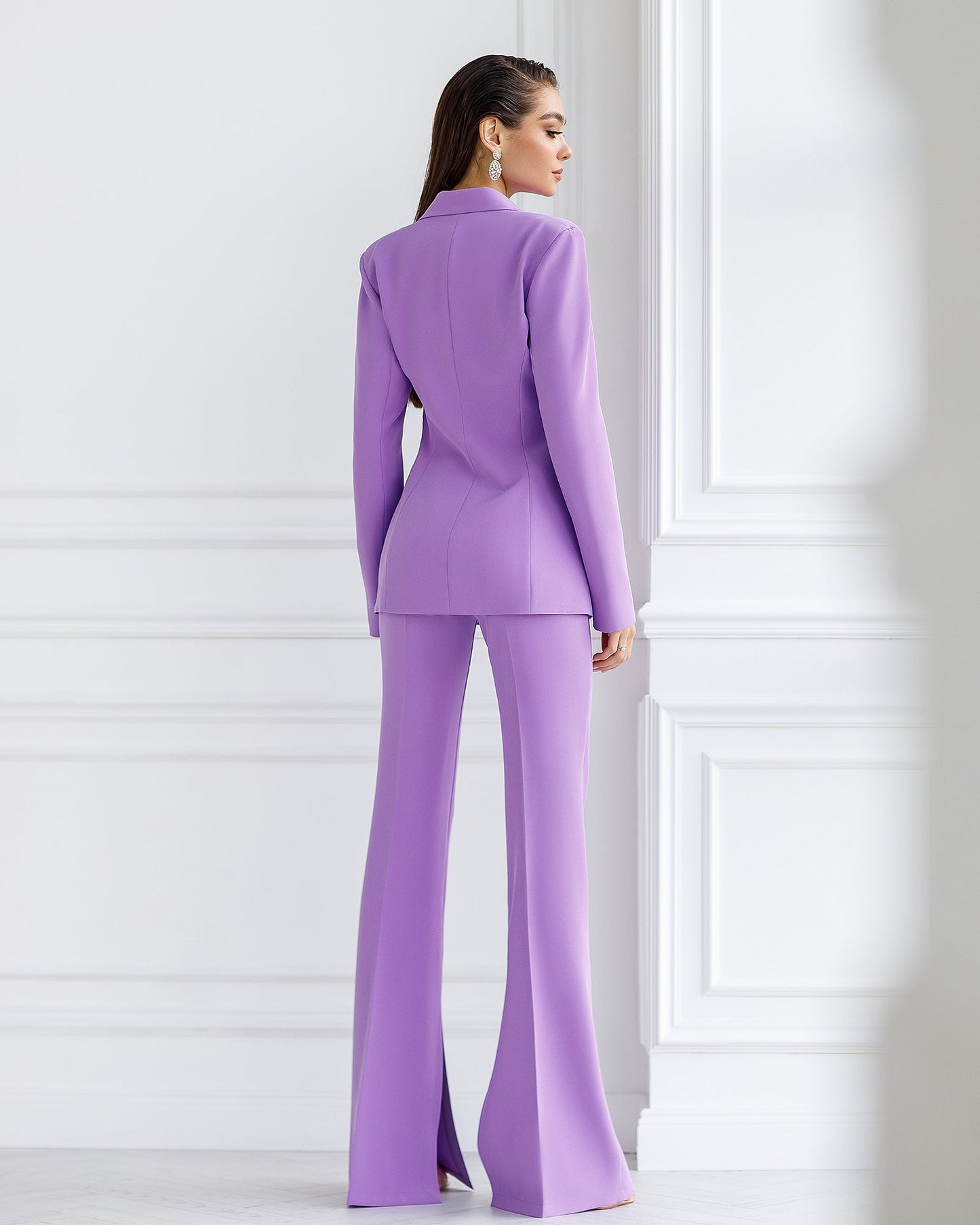 Purple suit jacket and flared pants with slits